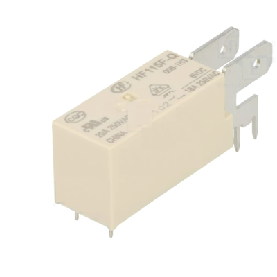 Relé elétrico branco com pinos metálicos e texto impresso