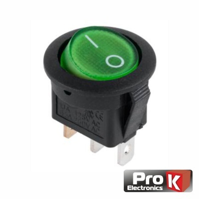 Interruptor de botão redondo verde e preto com símbolos de ligar e desligar e logo Pro K Electronics