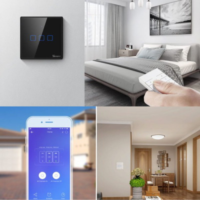 Interruptor preto de três botões, controlo remoto branco, e aplicação móvel para controlo de dispositivos, sala interior moderna