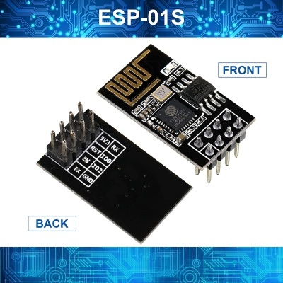 Placa eletrónica ESP-01S preta com contactos metálicos e texto branco, vista anterior e posterior em fundo azul tecnológico
