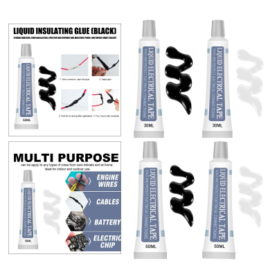 Tubos de cola isolante líquida preta em vários tamanhos com rótulos e amostras do produto