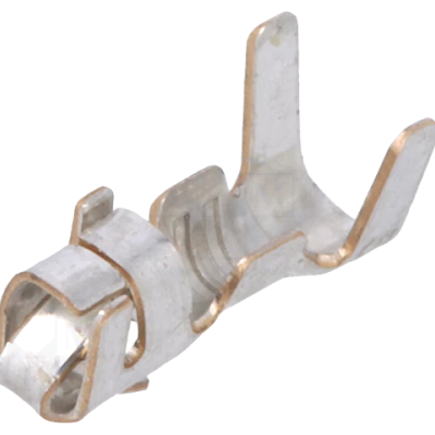 Conector elétrico metálico prateado com formato curvado