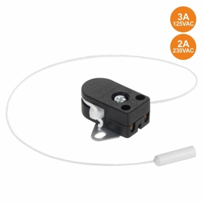 Interruptor térmico preto com cabo branco e etiquetas laranjas num fundo branco