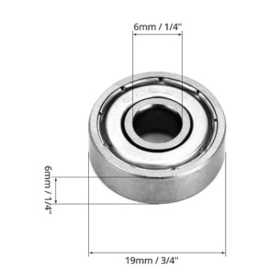 Rolamento metálico prateado com medidas 6mm/1/4'' e 19mm/3/4''
