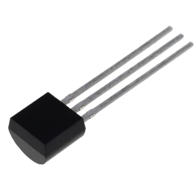 Componente eletrônico preto com três terminais metálicos