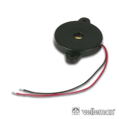 Buzzer piezoelétrico preto redondo com fios vermelho e preto