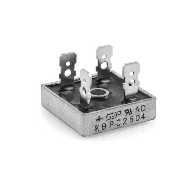 Ponte retificadora eletrónica metálica prata com quatro terminais e marcações KBPC2504