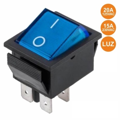 Interruptor elétrico retangular preto com botão azul e texto em laranja