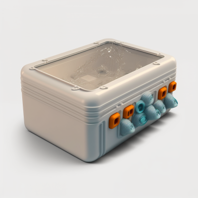 Dispositivo eletrónico branco com tampa transparente e botões coloridos