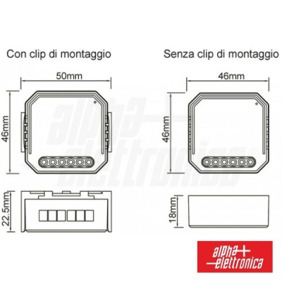 Esquema técnico de peça quadrada com e sem clip de montagem e dimensões