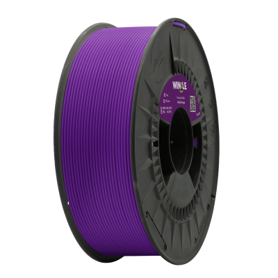 Rolo de filamento para impressora 3D roxo com etiqueta e informações da marca e especificações.