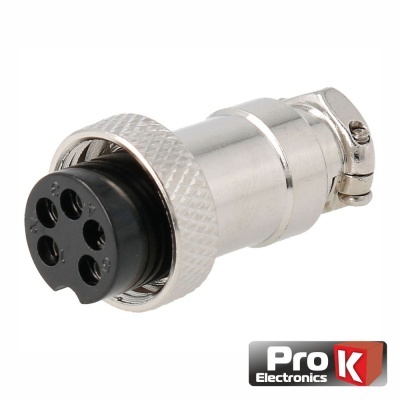 Conector circular metálico com 7 pinos e corpo prateado com textura