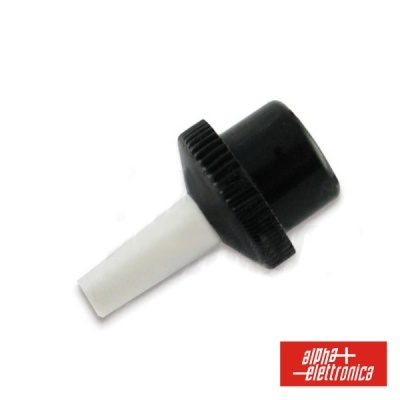 Conector coaxial preto e branco em plástico com logótipo alfa+eletronica