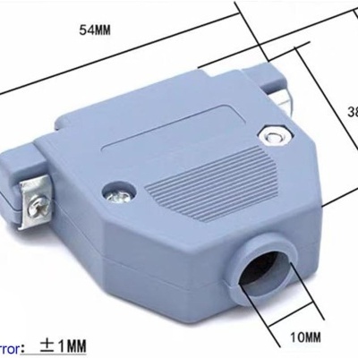 Conector elétrico cinzento com medidas em mm e parafusos