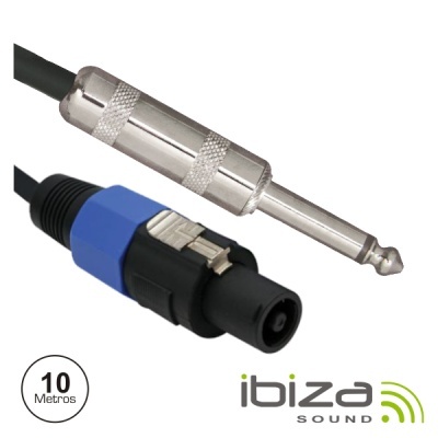 Cabo de áudio com conector jack 6,35 mm metálico e conector Speakon preto com fecho azul