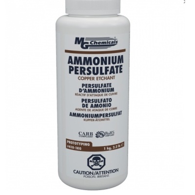 Frasco branco de Ammonium Persulfate da MG Chemicals para ataque de cobre com símbolos de perigo.