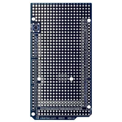 Placa azul para prototipagem eletrónica com orifícios metálicos e etiquetas de pinos