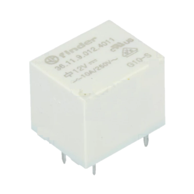 Relé eletromecânico branco Finder modelo 36.11.9.012.4011 com 12V e 6 pinos