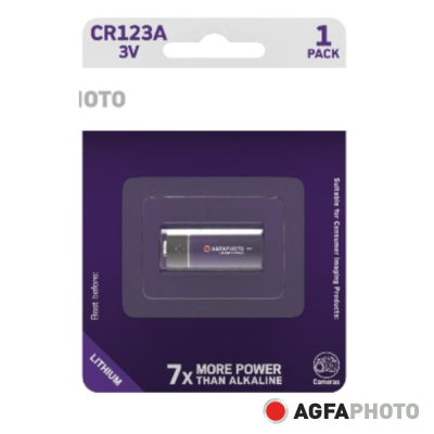 Embalagem de pilha AGFAPHOTO CR123A 3V em cartão roxo e branco
