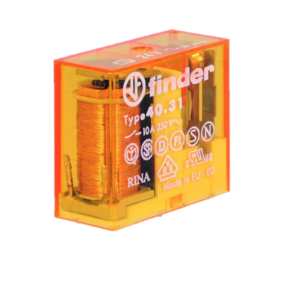 Relé elétrico transparente amarelo da marca Finder com bobina de cobre