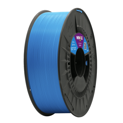 Carretel preto com filamento azul para impressão 3D com etiqueta colorida da marca WINKLE.