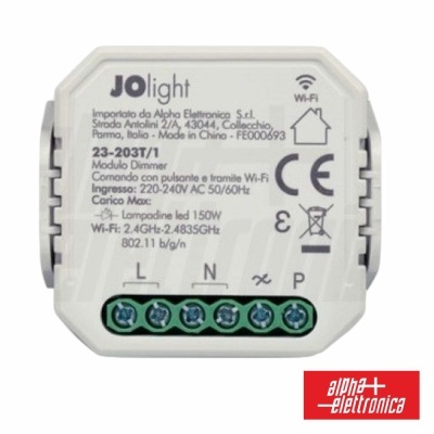 Módulo Dimmer JOlight branco com texto técnico e conexões para fios