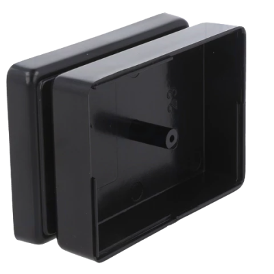 Recipiente retangular preto de plástico com duas partes encaixadas