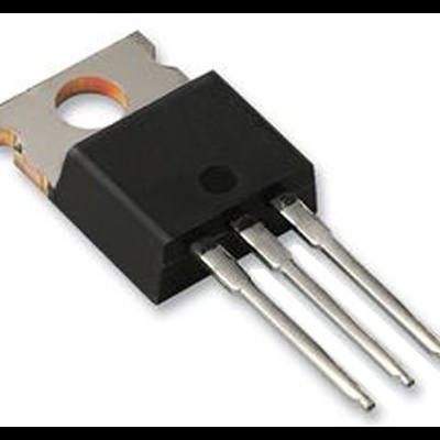 Transistor electrónico preto com três pinos metálicos