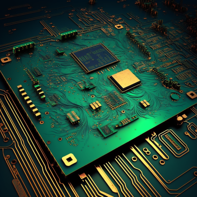 Placa de circuito impresso verde com componentes eletrónicos dourados