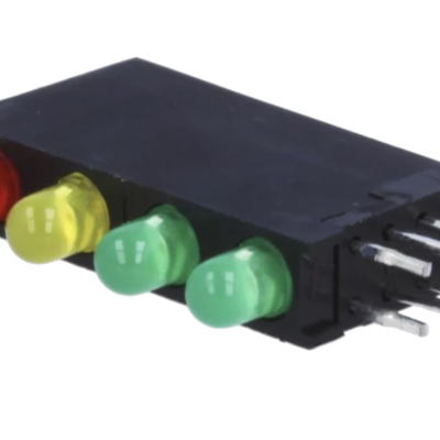 Conector com quatro LEDs coloridos em caixa preta com pinos metálicos