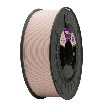 Rolo de filamento para impressão 3D cor rosa claro em bobina preta com etiqueta roxa WINKLE