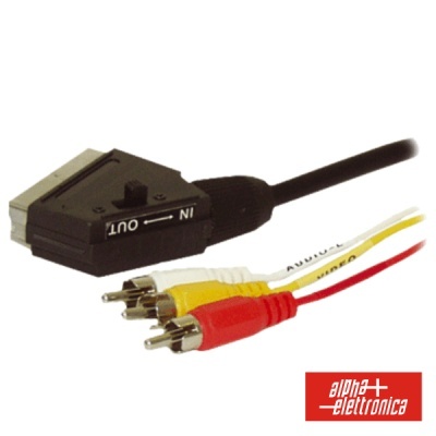 Cabo SCART com conectores RCA coloridos e logótipo alpha elettronica