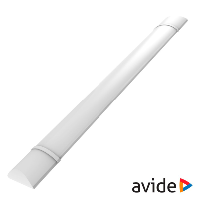 Luz LED tubular branca com design minimalista e logotipo avide
