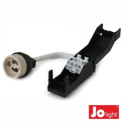 Conector elétrico preto, branco e cinzento com logótipo Jolight