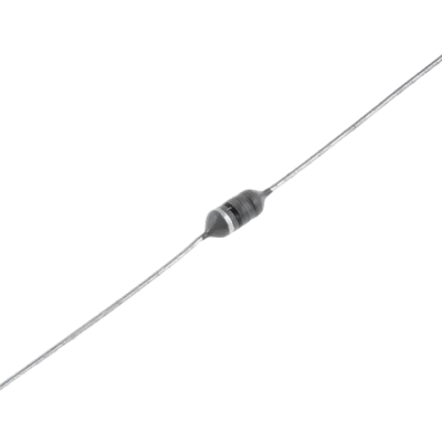 Díodo eletrónico preto com faixas cinzentas e terminais metálicos finos