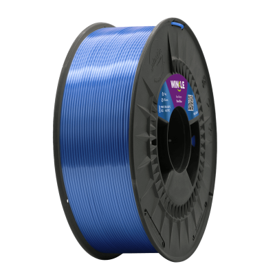Bobina de filamento PLA azul para impressora 3D com etiqueta azul e roxa