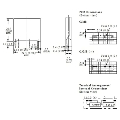 Desenho técnico com dimensões e disposição de terminais de componente eletrónico