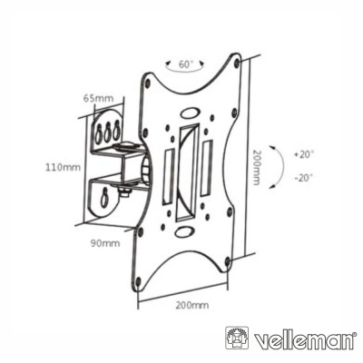 Suporte de parede ajustável para monitor com medidas em milímetros e logótipo velleman