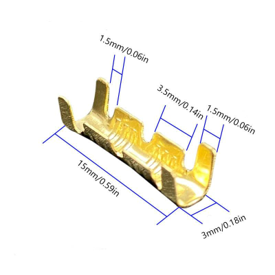 Conector elétrico metálico dourado com dimensões em milímetros e polegadas sobre fundo branco