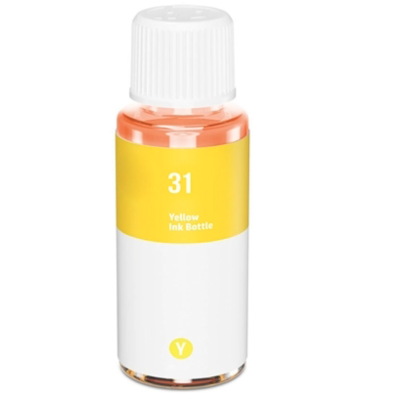 Frasco de tinta amarela com tampa branca e rótulo amarelo e branco