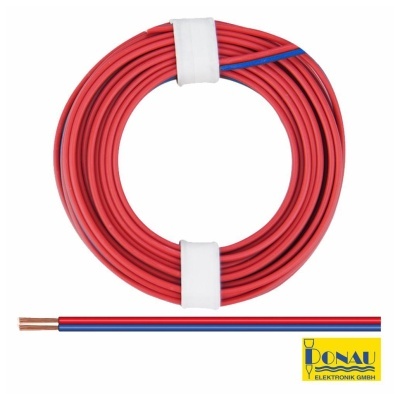 Cabo elétrico vermelho com linha azul e isolamento plástico, logo DONAU ELEKTRONIK GMBH