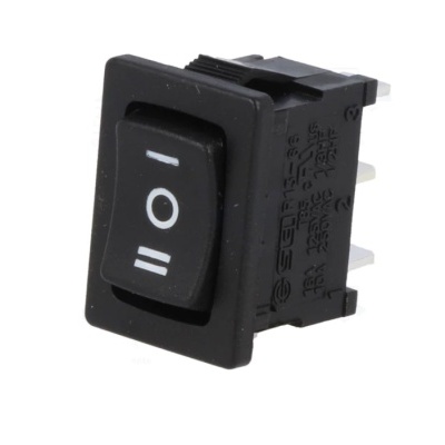 Interruptor elétrico preto retangular com símbolos brancos