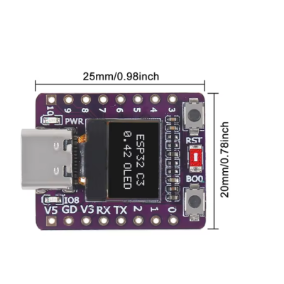 Placa eletrónica ESP32 C3 roxa com visor OLED e conector USB tipo C