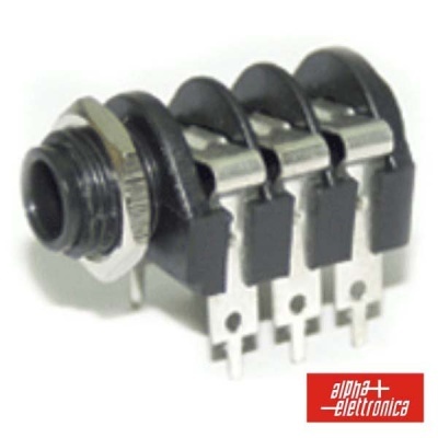 Conector de jack estéreo preto com rosca metálica e terminais, logótipo alpha elettronica