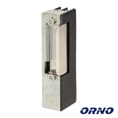 Fecho elétrico metálico prateado e preto com logotipo ORNO