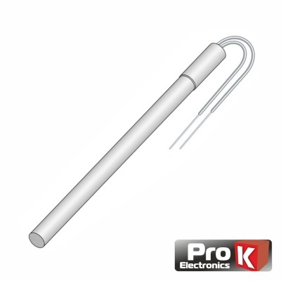 Sensor cilíndrico de metal prateado com cabo branco e logótipo Pro K Electronics.