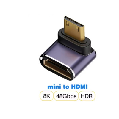 Adaptador mini para HDMI metálico cinzento com texto informativo