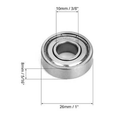 Rolamento metálico com medidas destacadas 26mm, 10mm e 8mm
