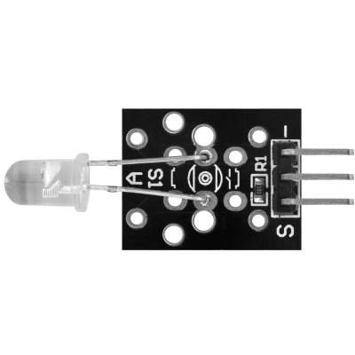 Placa eletrónica preta com LED transparente e texto impresso