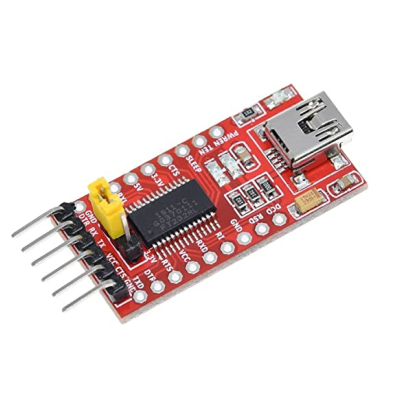 Placa eletrónica vermelha com chip integrado e conector USB do tipo A